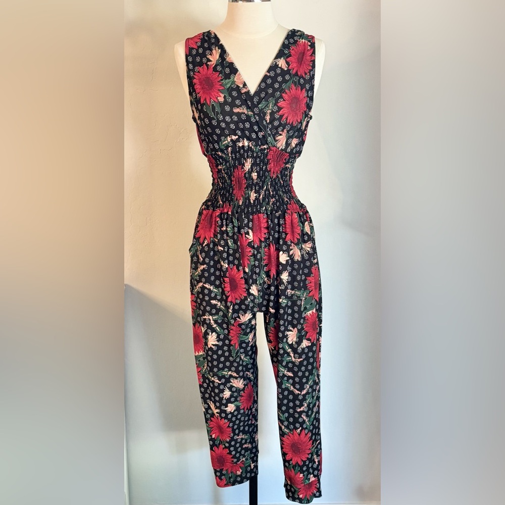 Red Floral Print V-neck Smocked Waist Jumpsuit, Medium